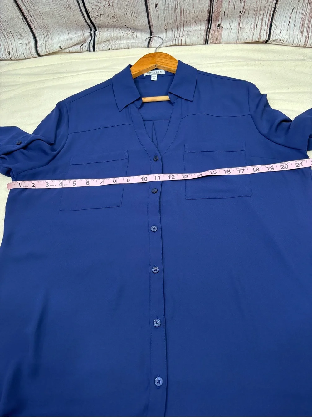 Express Portofino Shirt Size Large Navy Blue Button Down Roll Tab Sleeves Blouse